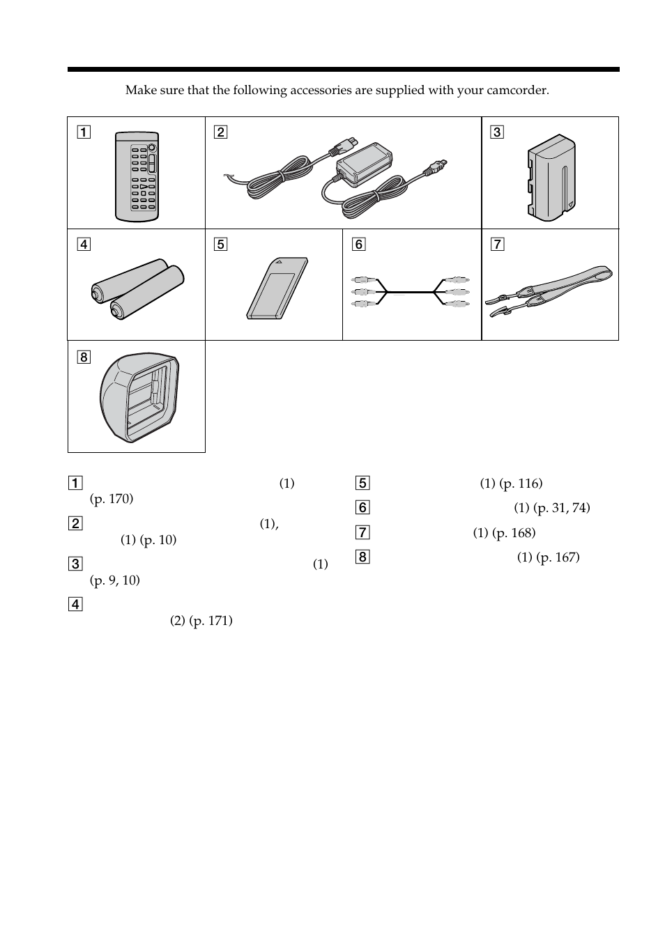 Checking supplied accessories | Sony DCR-VX2100 User Manual | Page 8 / 176
