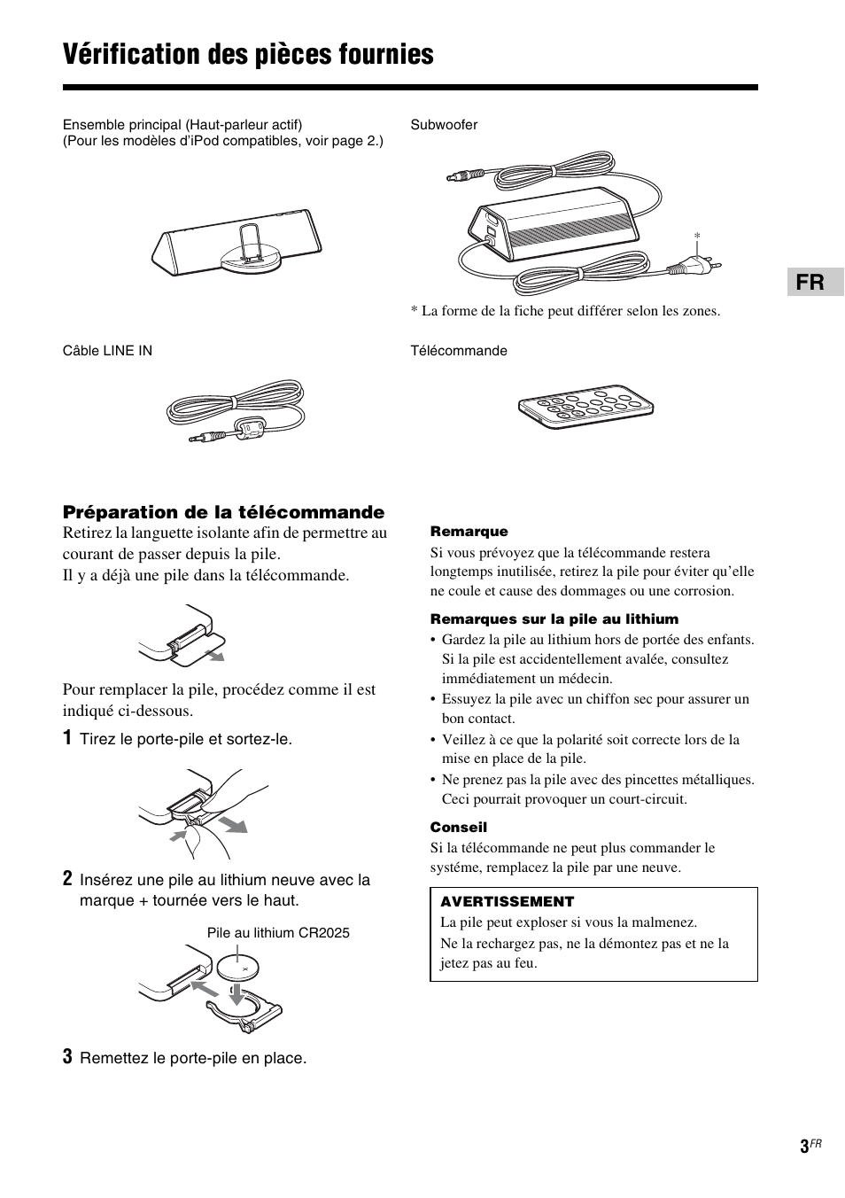 Vérification des pièces fournies | Sony CPF-IP001 User Manual | Page 11 / 100