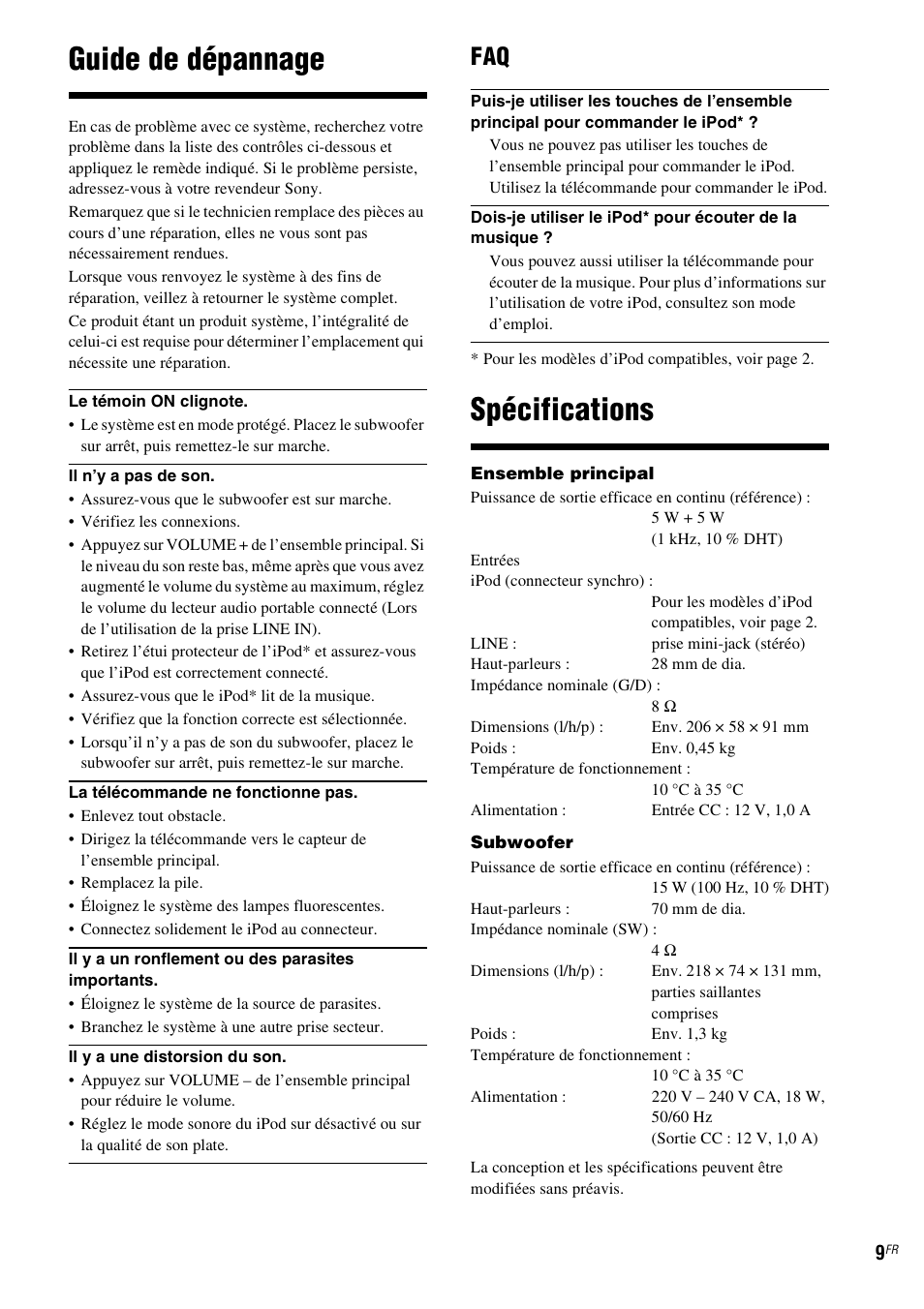 Guide de dépannage, Spécifications | Sony CPF-IP001 User Manual | Page 17 / 100