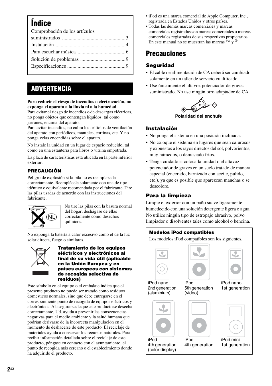 Índice, Precauciones, Advertencia | Sony CPF-IP001 User Manual | Page 18 / 100