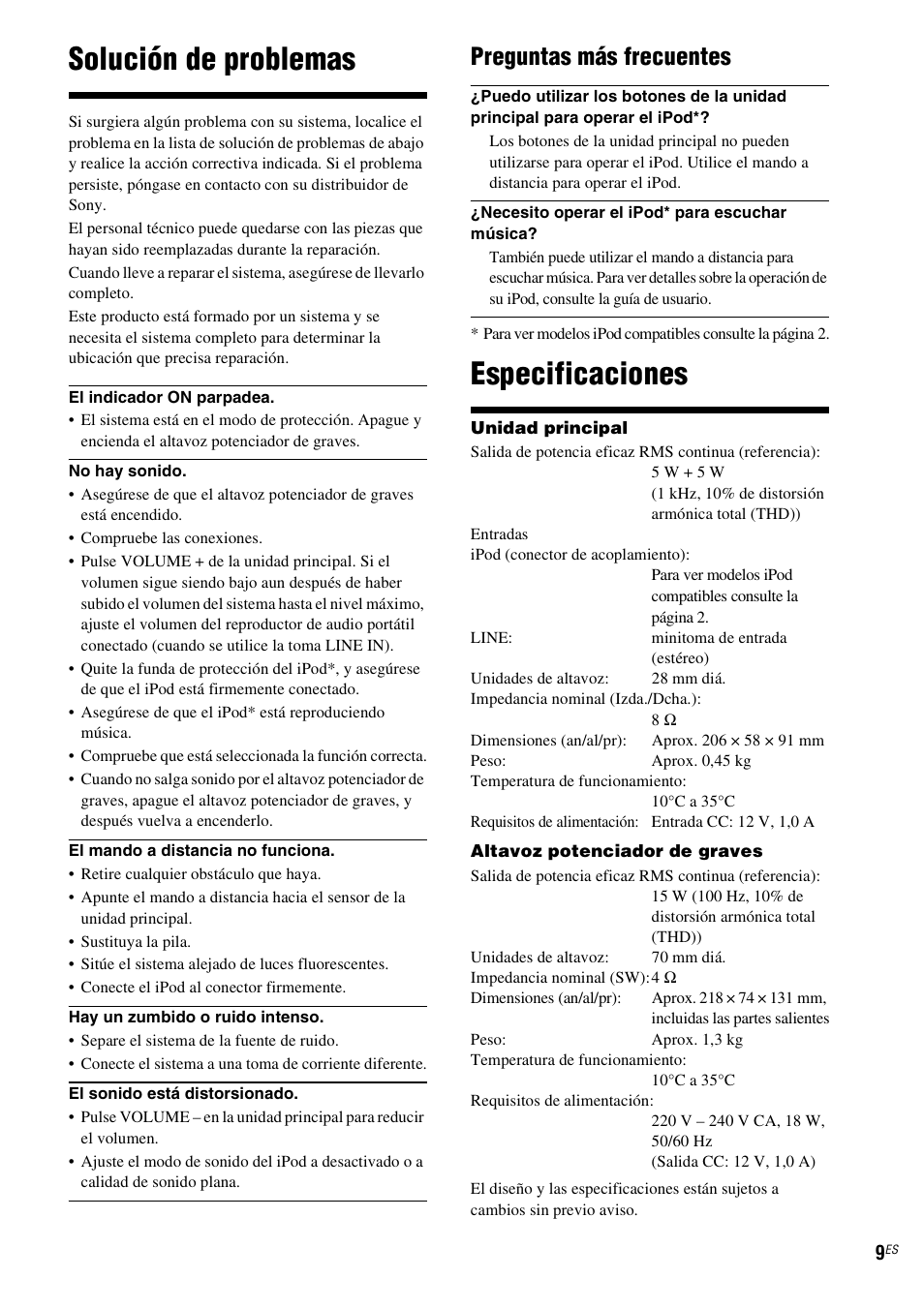 Solución de problemas, Especificaciones, Preguntas más frecuentes | Sony CPF-IP001 User Manual | Page 25 / 100