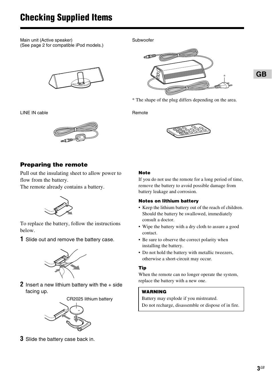 Checking supplied items | Sony CPF-IP001 User Manual | Page 3 / 100