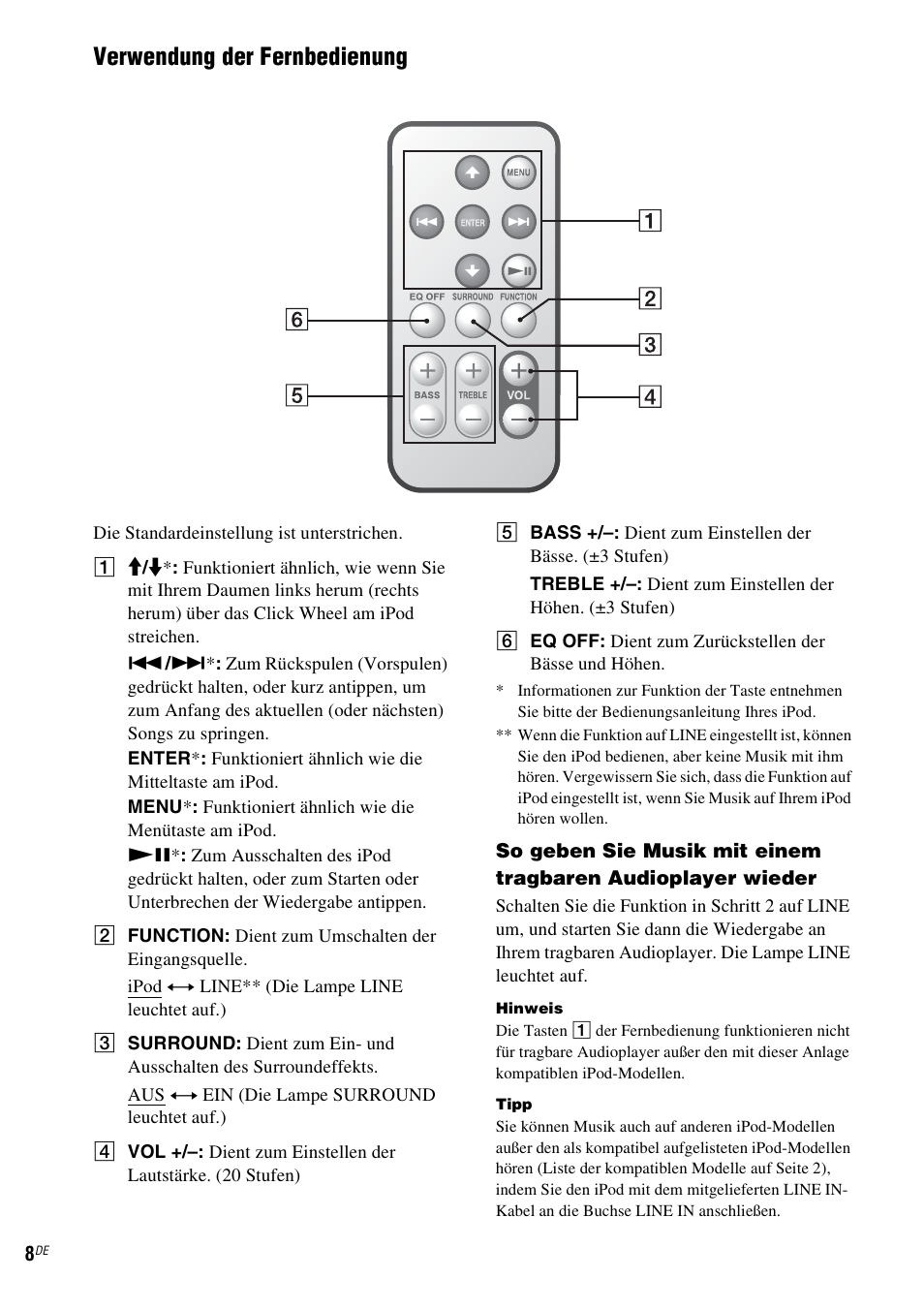 Verwendung der fernbedienung | Sony CPF-IP001 User Manual | Page 32 / 100