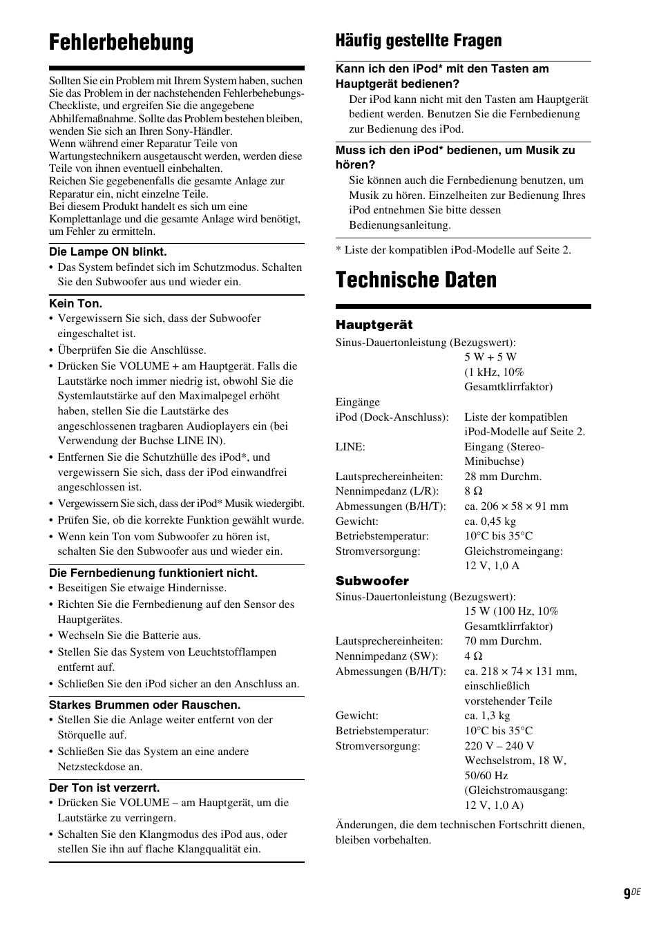 Fehlerbehebung, Technische daten, Häufig gestellte fragen | Sony CPF-IP001 User Manual | Page 33 / 100