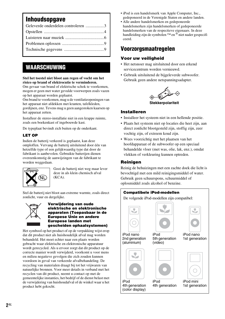 Inhoudsopgave, Voorzorgsmaatregelen, Waarschuwing | Sony CPF-IP001 User Manual | Page 34 / 100