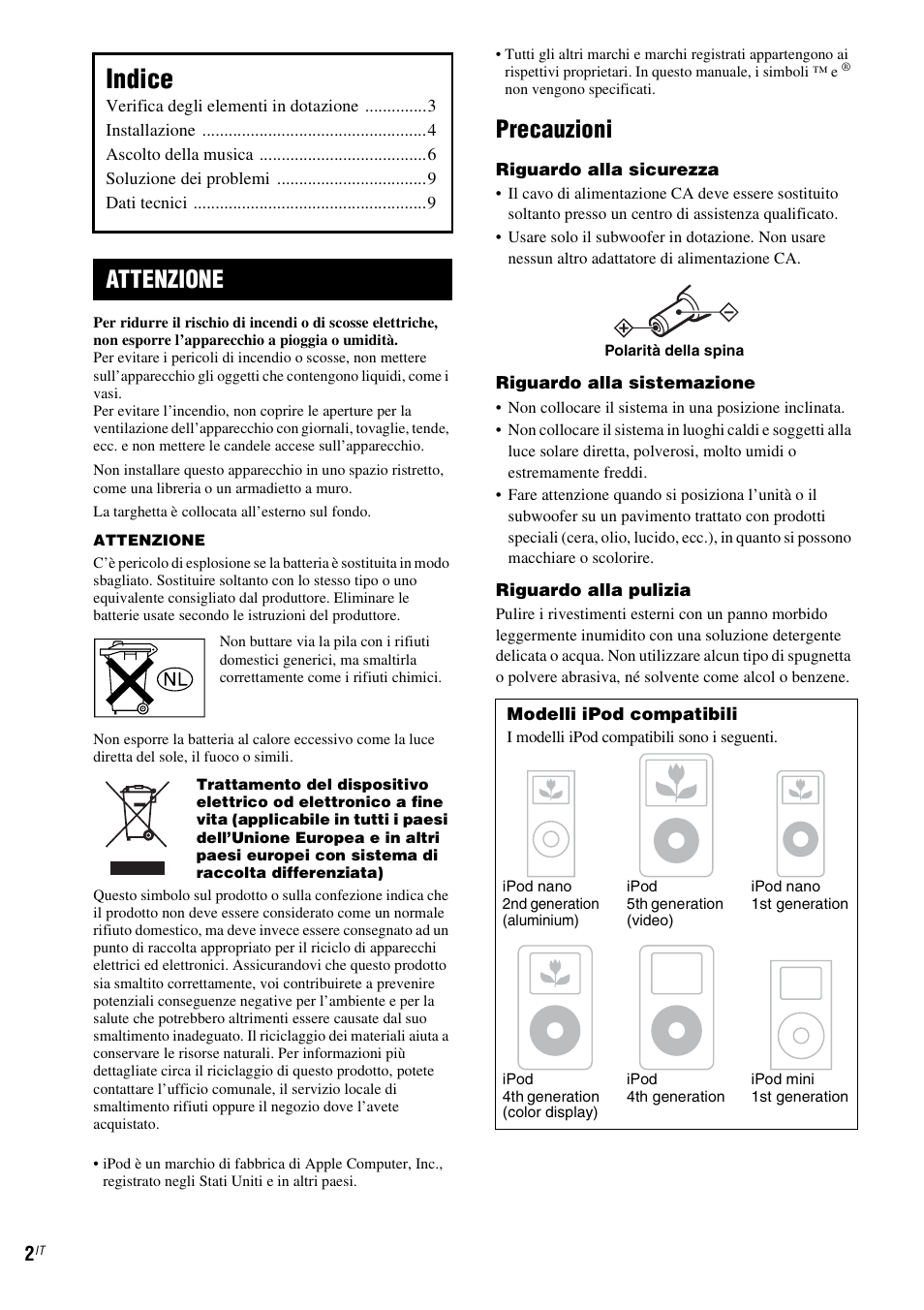 Indice, Precauzioni, Attenzione | Sony CPF-IP001 User Manual | Page 42 / 100