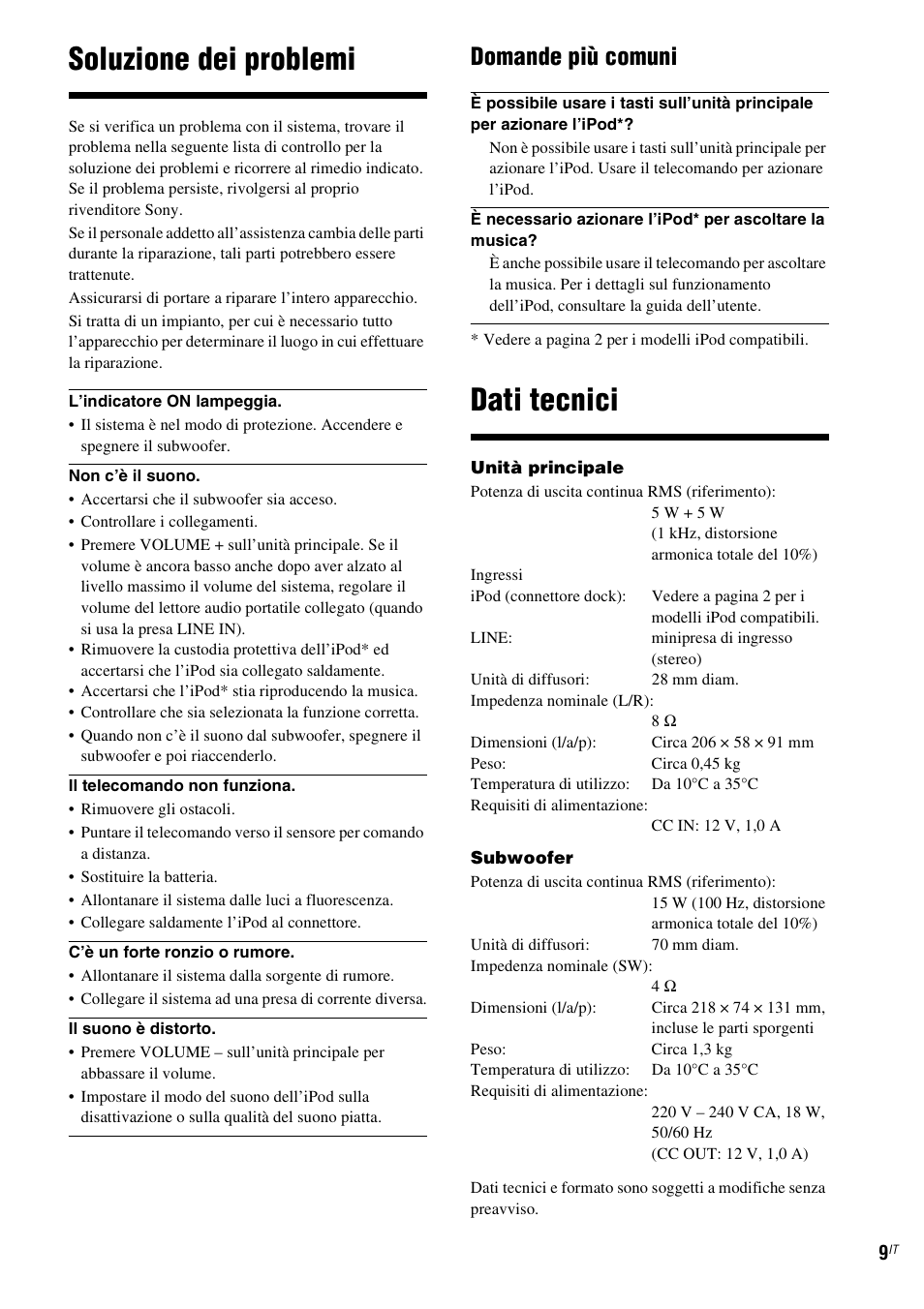 Soluzione dei problemi, Dati tecnici, Domande più comuni | Sony CPF-IP001 User Manual | Page 49 / 100