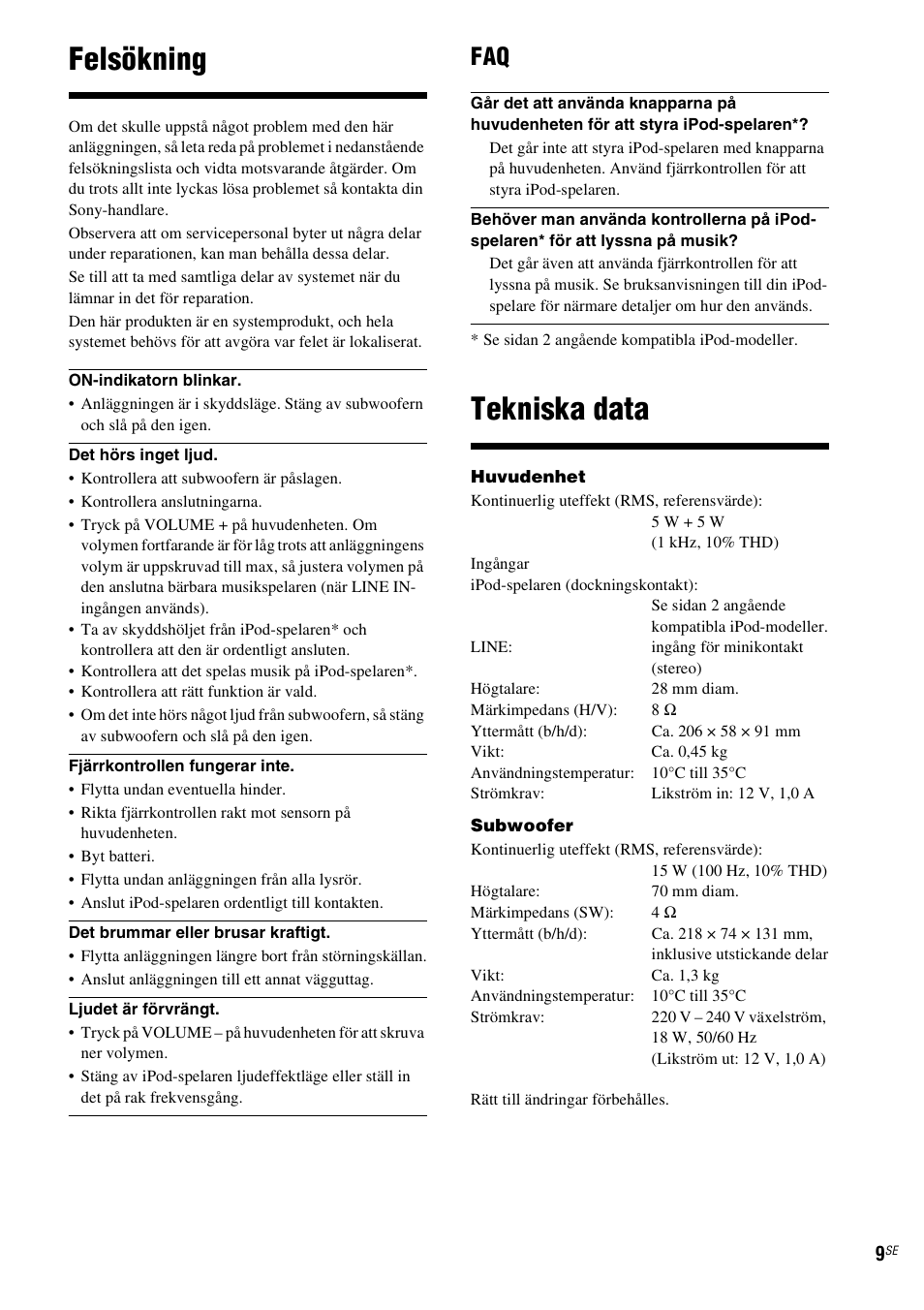 Felsökning, Tekniska data | Sony CPF-IP001 User Manual | Page 57 / 100