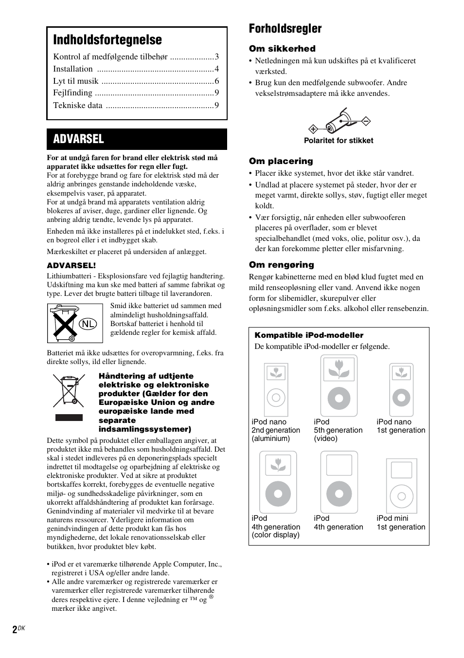 Indholdsfortegnelse, Forholdsregler, Advarsel | Sony CPF-IP001 User Manual | Page 66 / 100