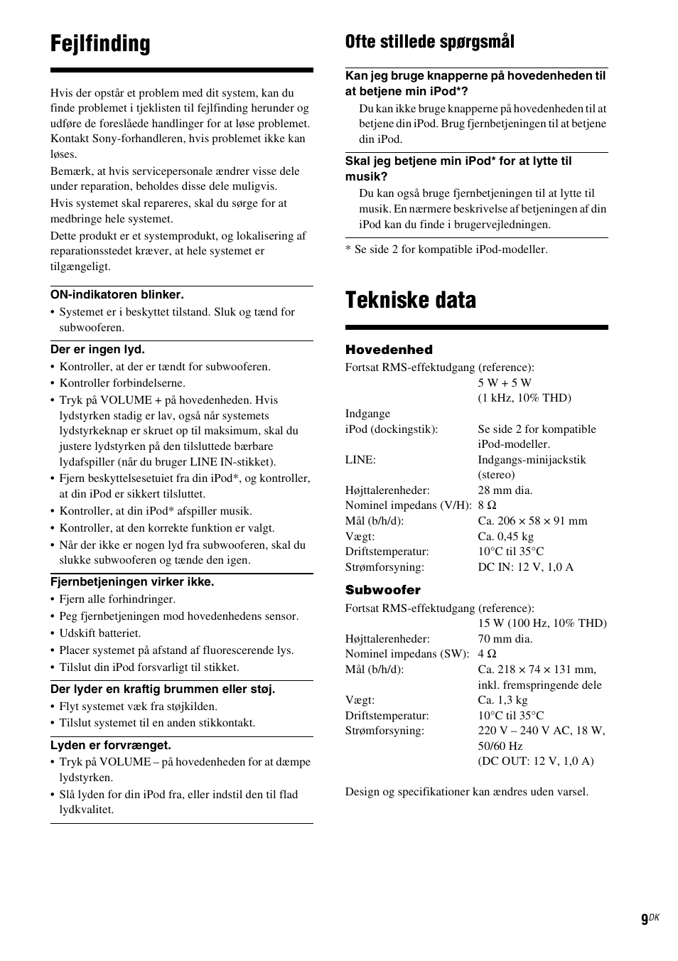 Fejlfinding, Tekniske data, Ofte stillede spørgsmål | Sony CPF-IP001 User Manual | Page 73 / 100
