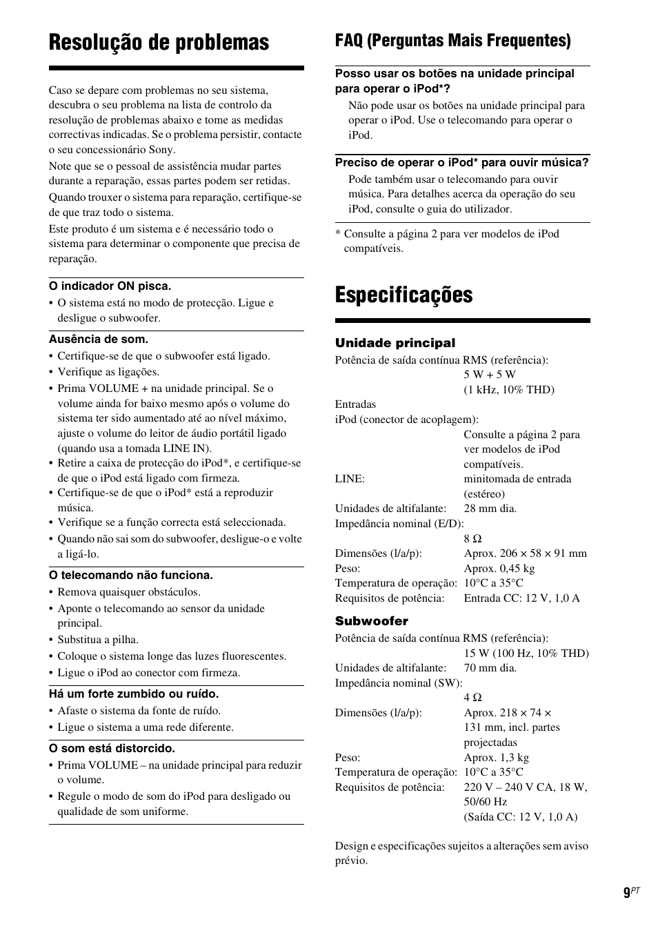 Resolução de problemas, Especificações, Faq (perguntas mais frequentes) | Sony CPF-IP001 User Manual | Page 89 / 100