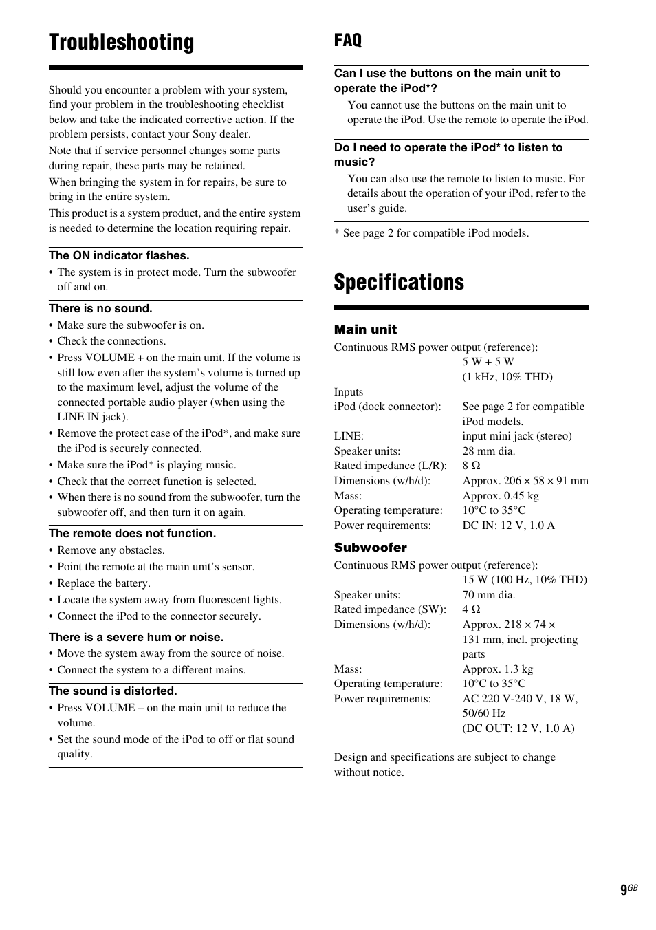 Troubleshooting, Specifications | Sony CPF-IP001 User Manual | Page 9 / 100