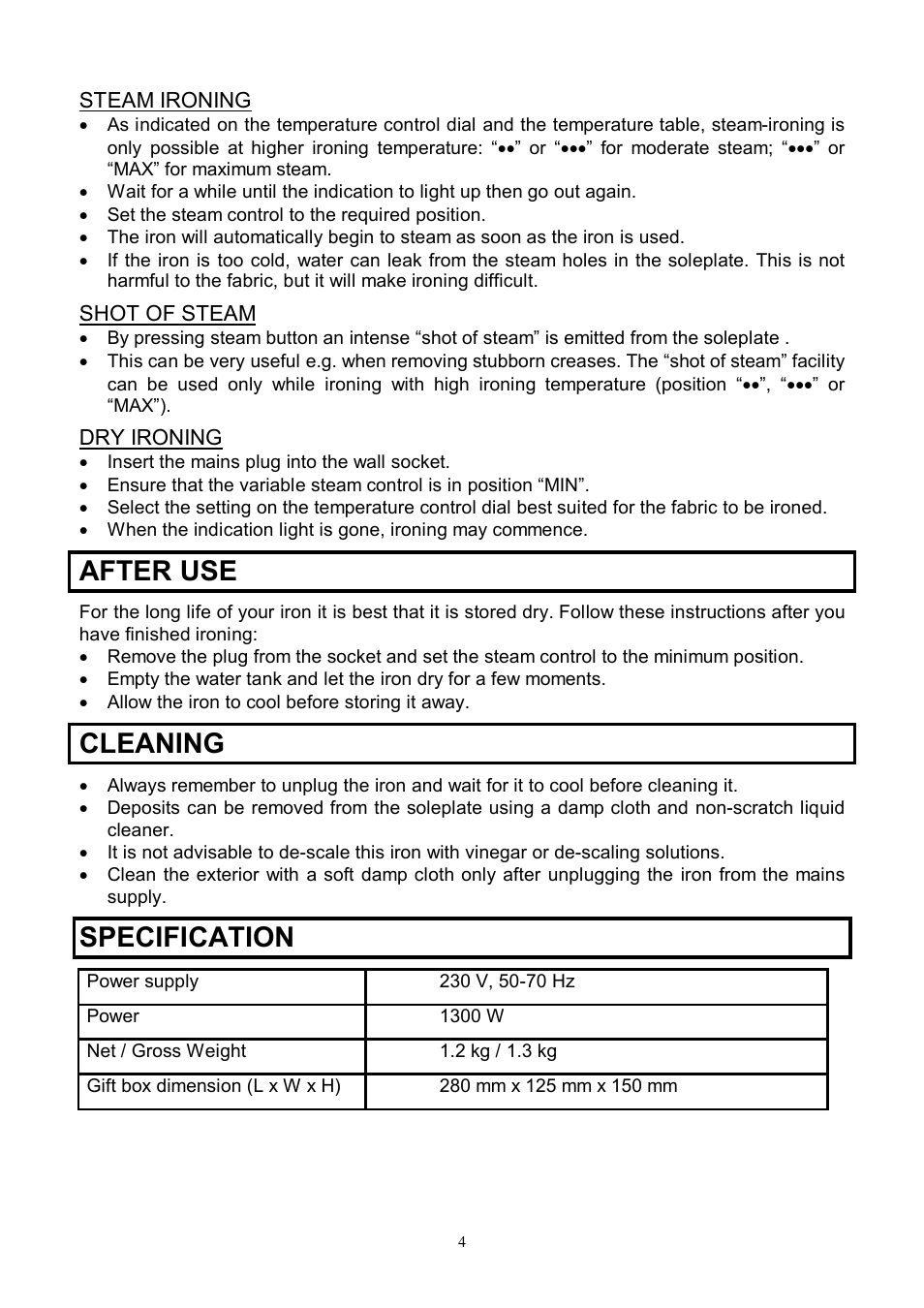 After use, Cleaning, Specification | Scarlett SC-1130S User Manual | Page 4 / 7