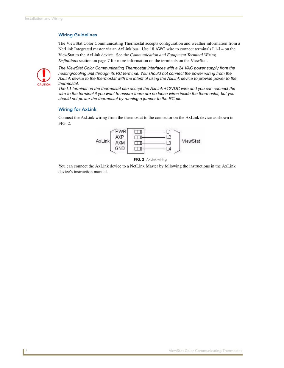 Wiring guidelines, Wiring for axlink | AMX ENV-VST-C User Manual | Page 14 / 42