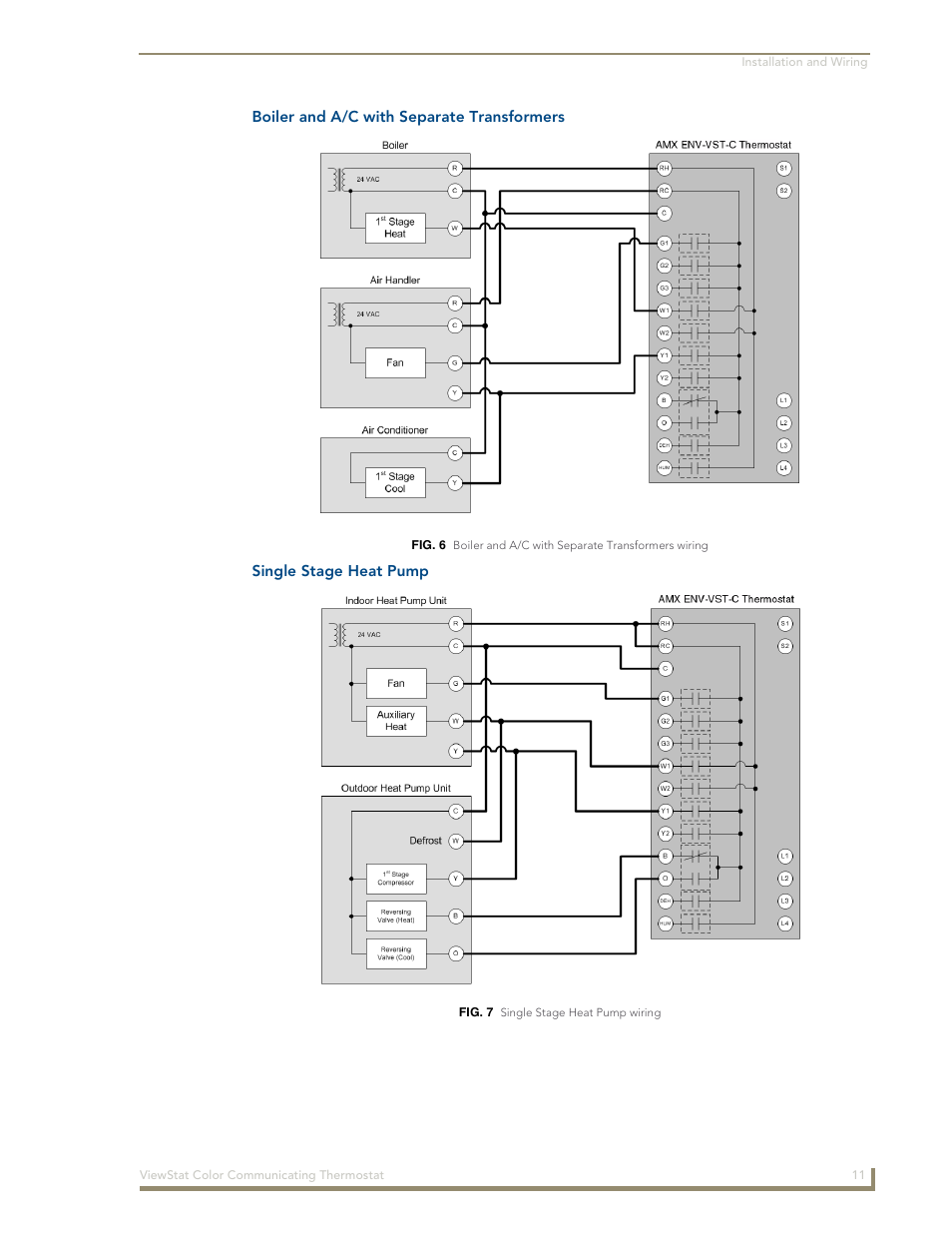 Boiler and a/c with separate transformers, Single stage heat pump, Boiler and a/c with separate | Single stage heat | AMX ENV-VST-C User Manual | Page 17 / 42