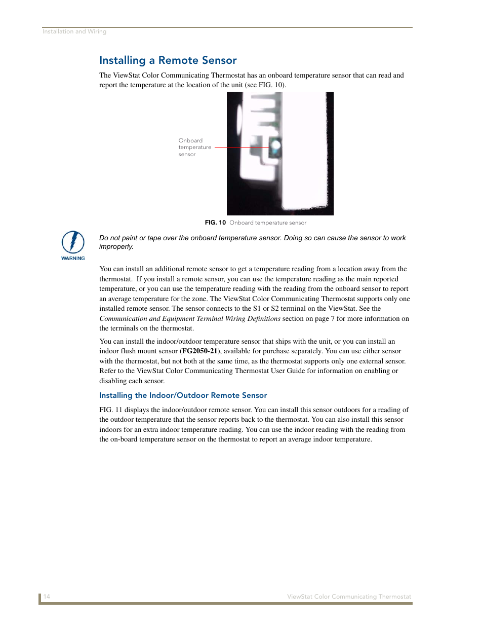 Installing a remote sensor, Installing the indoor/outdoor remote sensor | AMX ENV-VST-C User Manual | Page 20 / 42