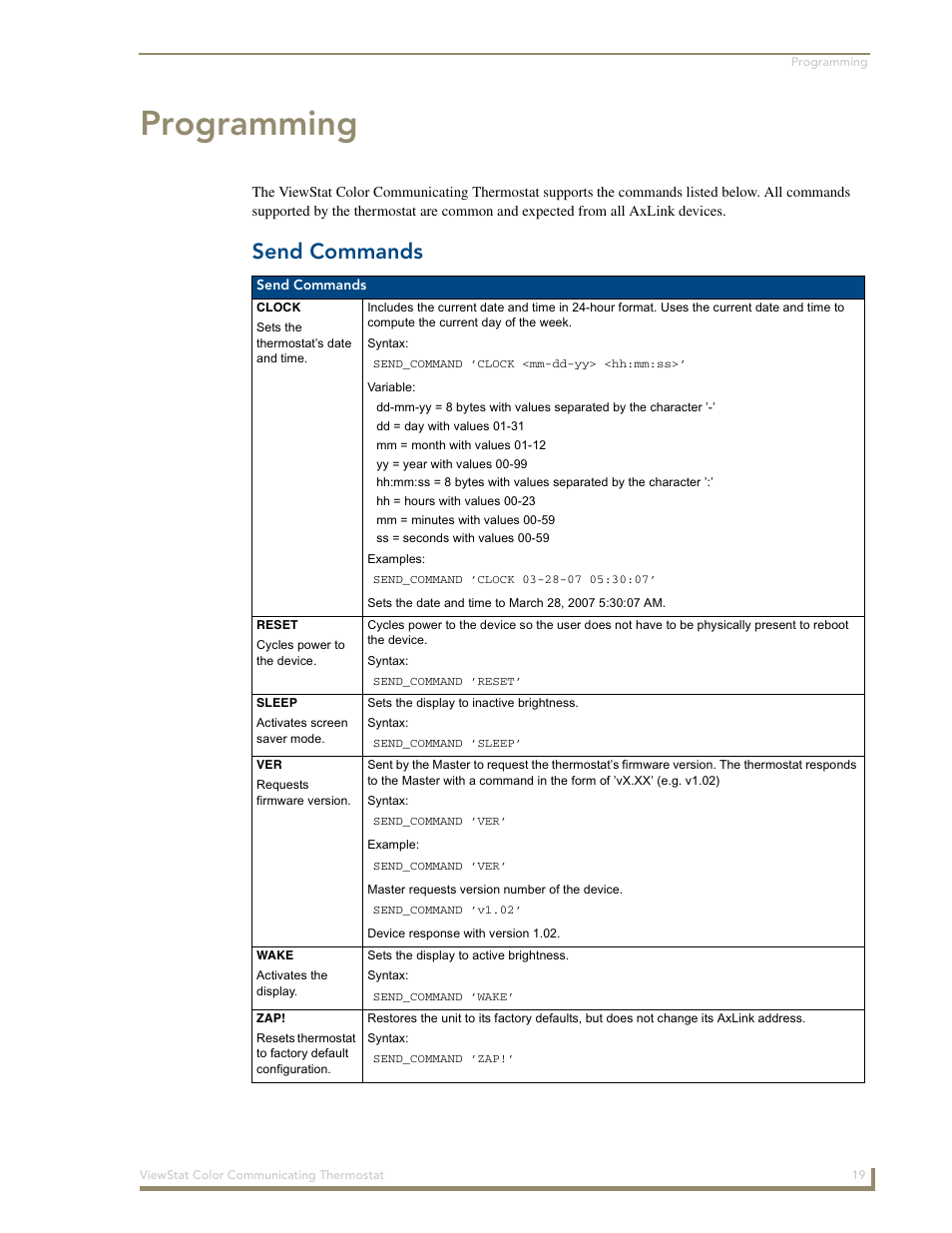 Programming, Send commands | AMX ENV-VST-C User Manual | Page 25 / 42