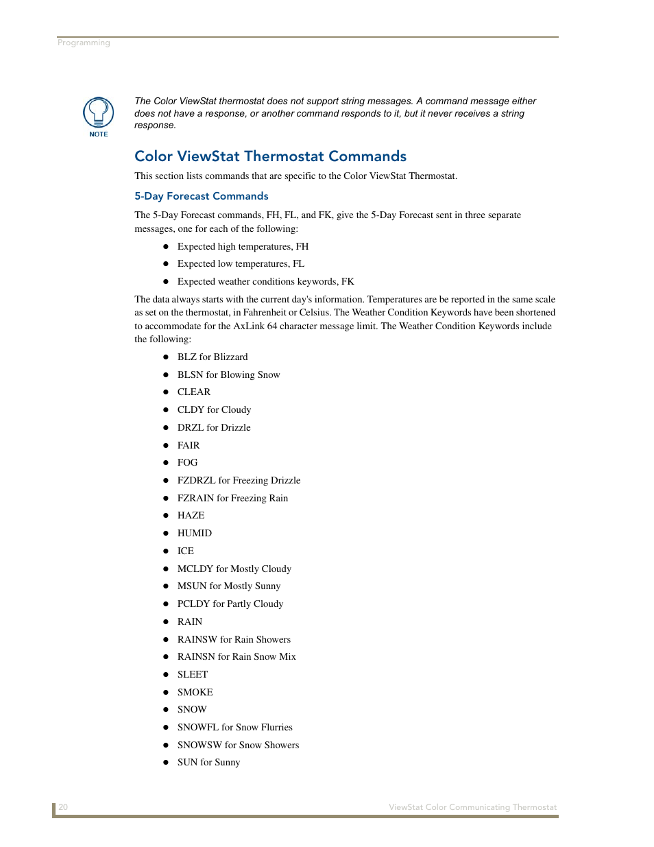 Color viewstat thermostat commands, Day forecast commands | AMX ENV-VST-C User Manual | Page 26 / 42