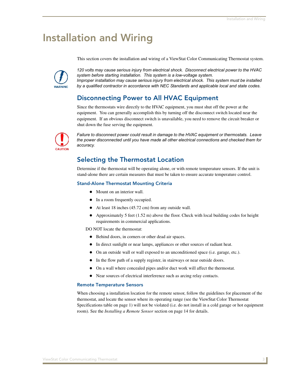 Installation and wiring, Disconnecting power to all hvac equipment, Selecting the thermostat location | Stand-alone thermostat mounting criteria, Remote temperature sensors | AMX ENV-VST-C User Manual | Page 9 / 42