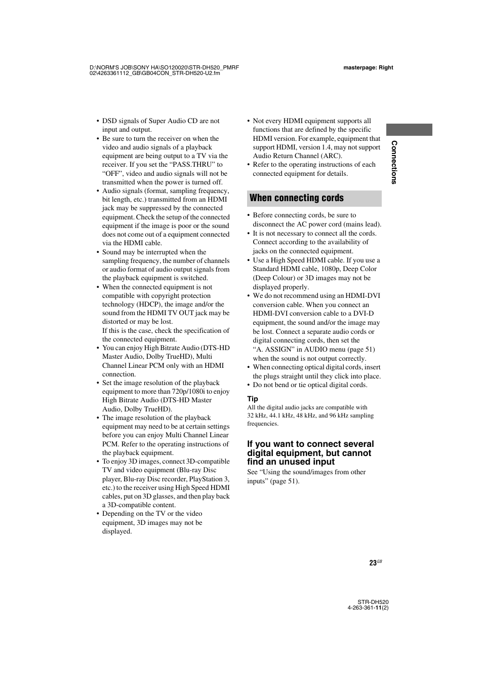 When connecting cords | Sony STR-DH520 User Manual | Page 23 / 72