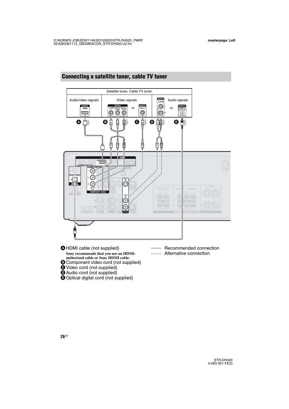 Connecting a satellite tuner, cable tv tuner | Sony STR-DH520 User Manual | Page 26 / 72