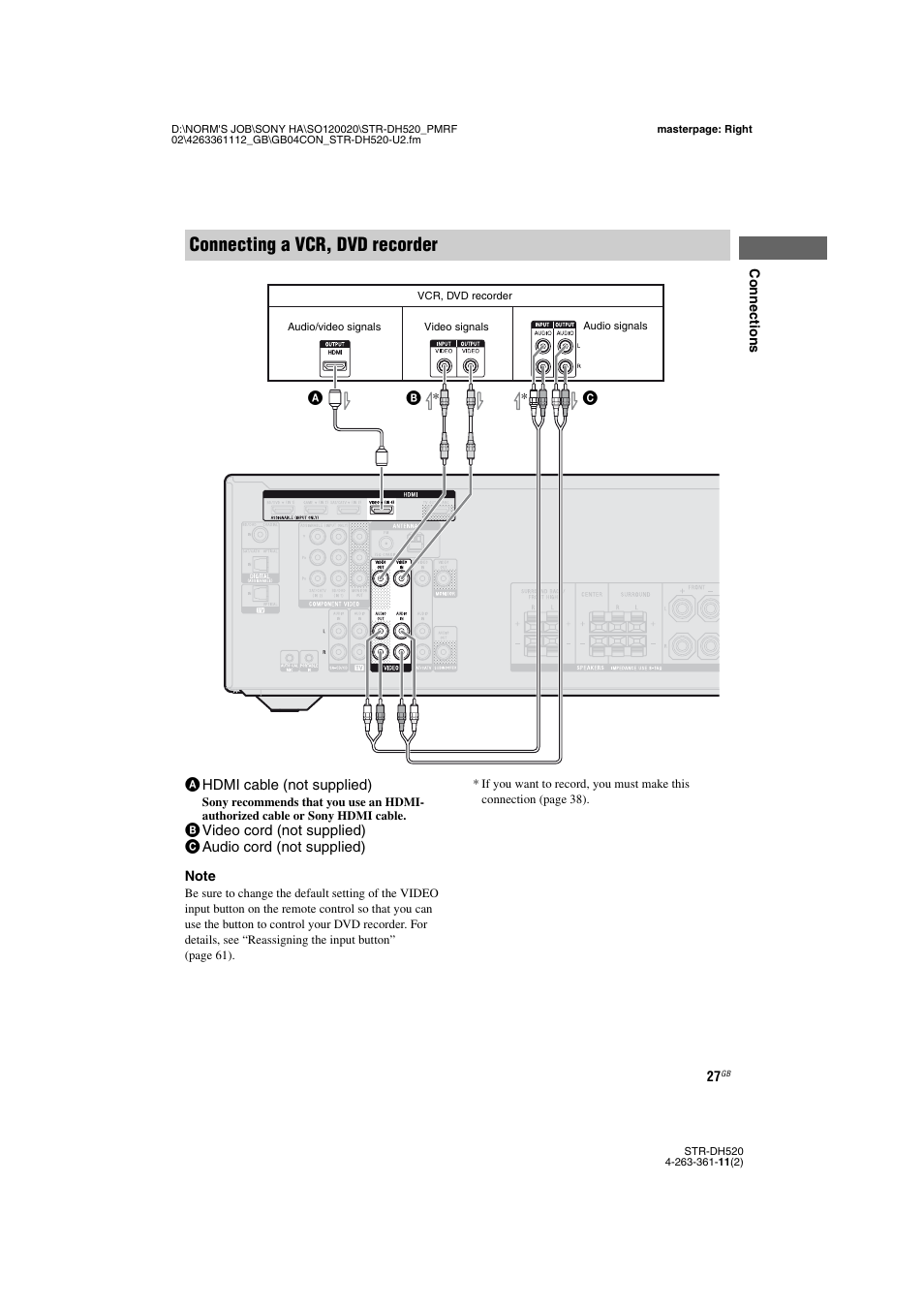 Connecting a vcr, dvd recorder | Sony STR-DH520 User Manual | Page 27 / 72