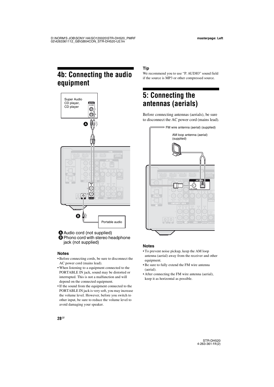 4b: connecting the audio equipment, Connecting the antennas (aerials) | Sony STR-DH520 User Manual | Page 28 / 72