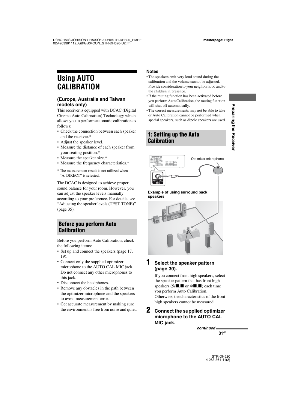 Using auto calibration, Europe, australia and taiwan models only) | Sony STR-DH520 User Manual | Page 31 / 72