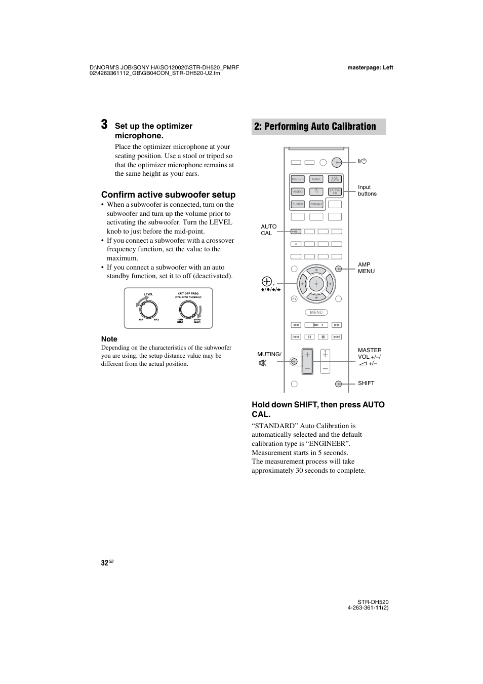 Performing auto calibration, Confirm active subwoofer setup | Sony STR-DH520 User Manual | Page 32 / 72