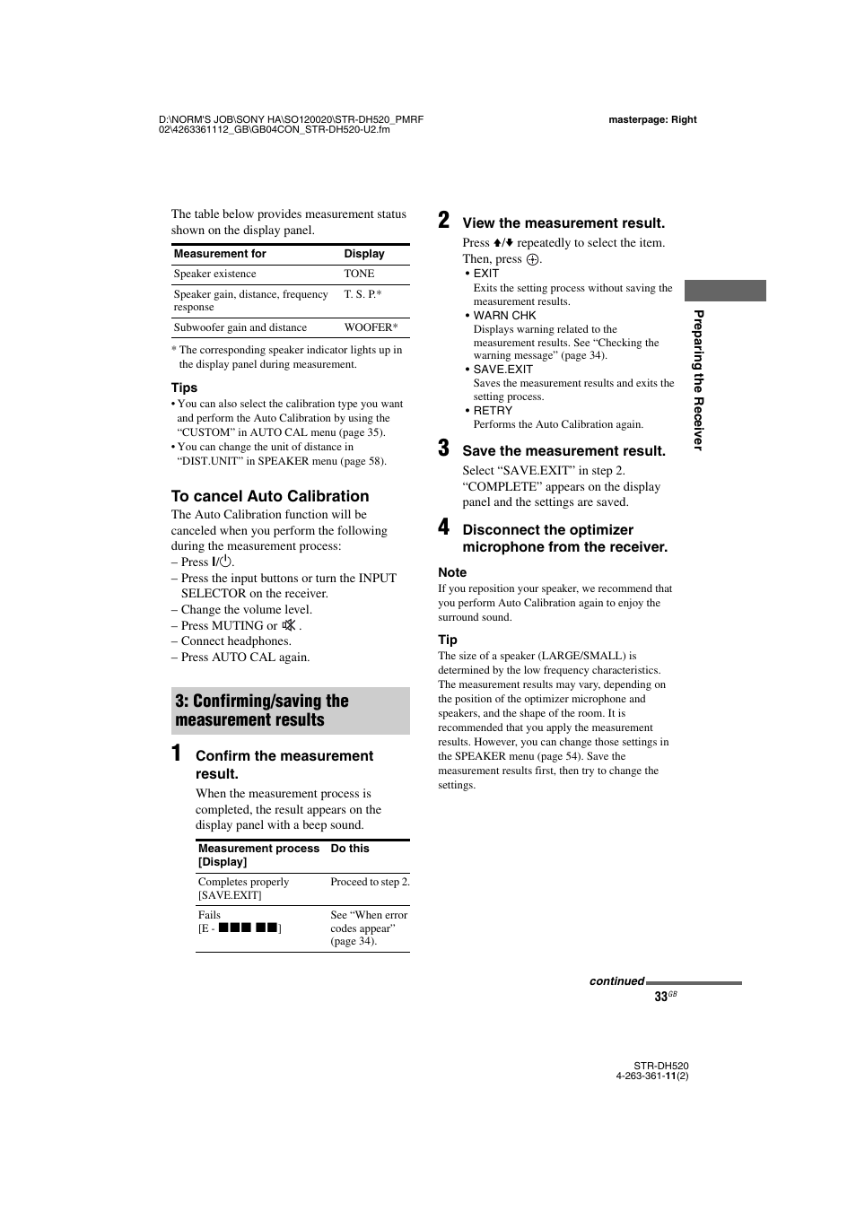 Confirming/saving the measurement results | Sony STR-DH520 User Manual | Page 33 / 72