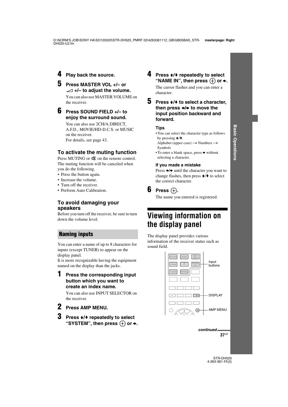 Viewing information on the display panel, Viewing information on the display, Panel | Naming inputs | Sony STR-DH520 User Manual | Page 37 / 72