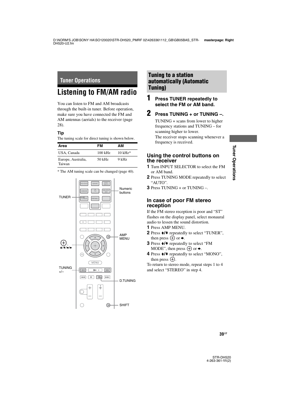 Tuner operations, Listening to fm/am radio | Sony STR-DH520 User Manual | Page 39 / 72