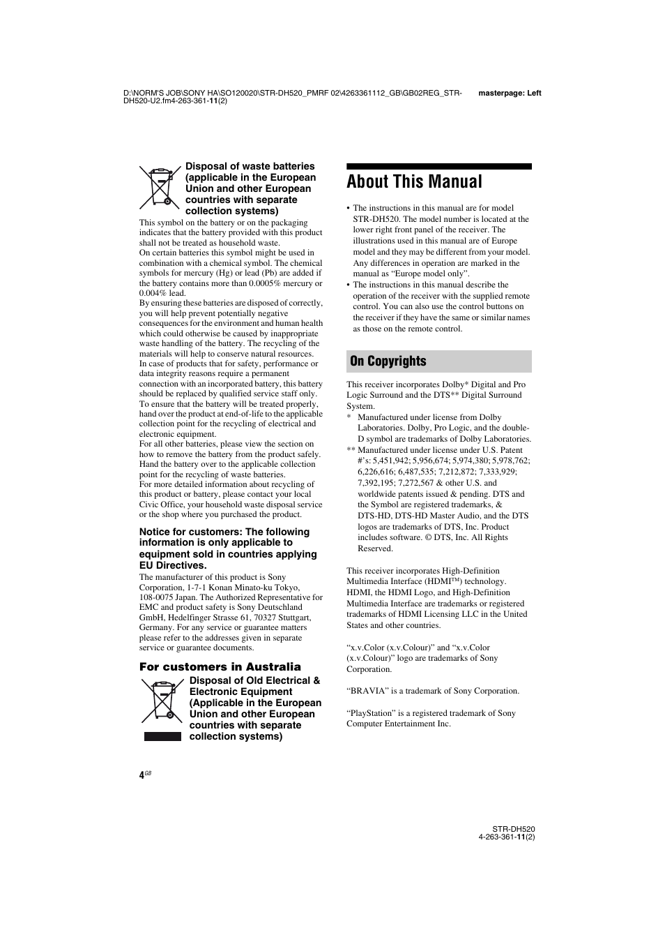 About this manual, On copyrights | Sony STR-DH520 User Manual | Page 4 / 72