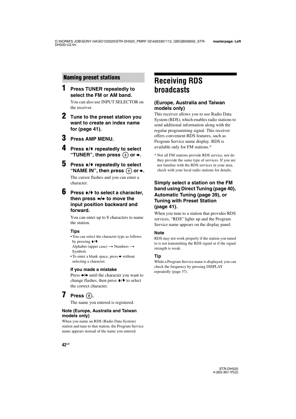 Receiving rds broadcasts, Europe, australia and taiwan models only), Naming preset stations | Sony STR-DH520 User Manual | Page 42 / 72