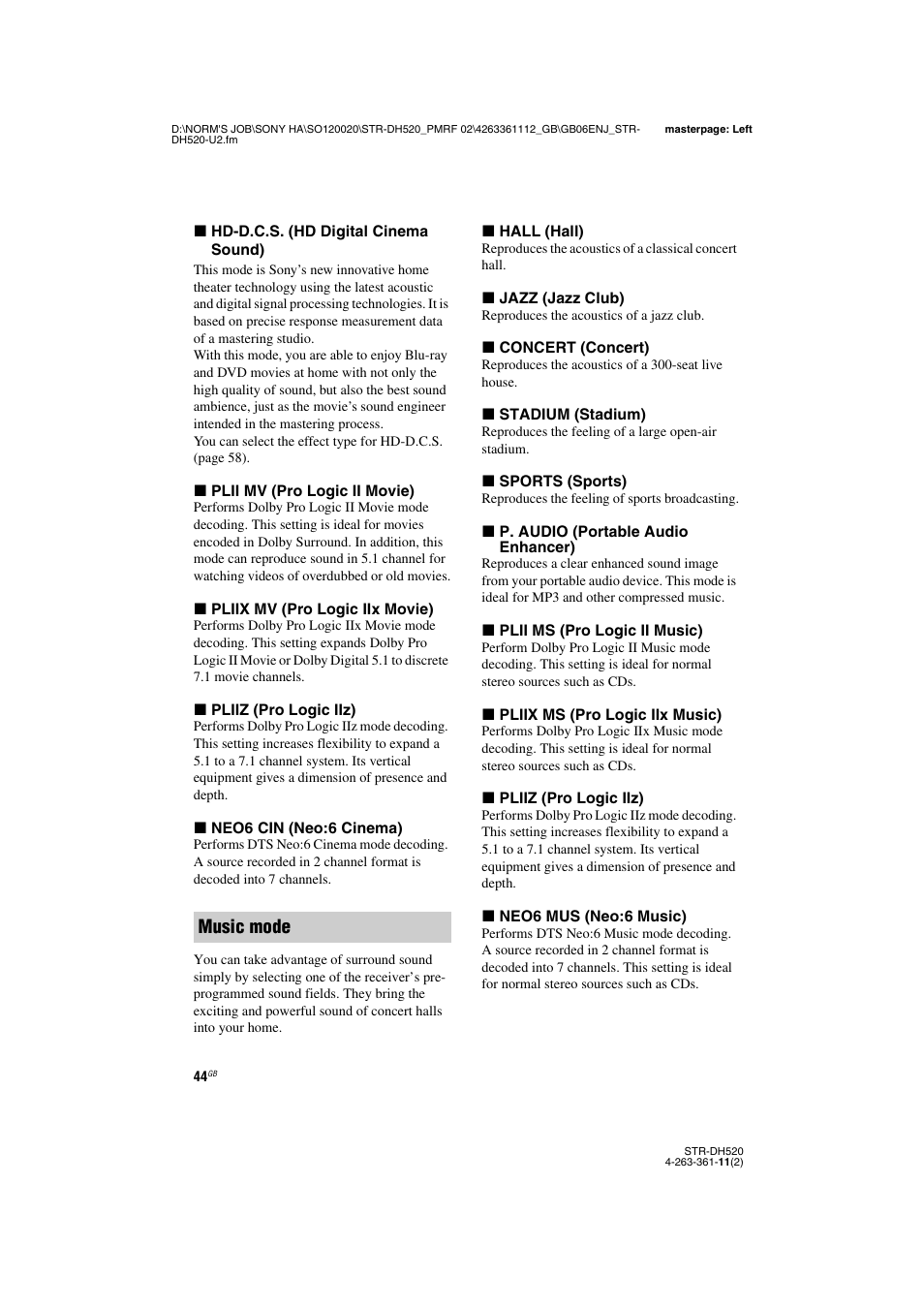 Music mode | Sony STR-DH520 User Manual | Page 44 / 72