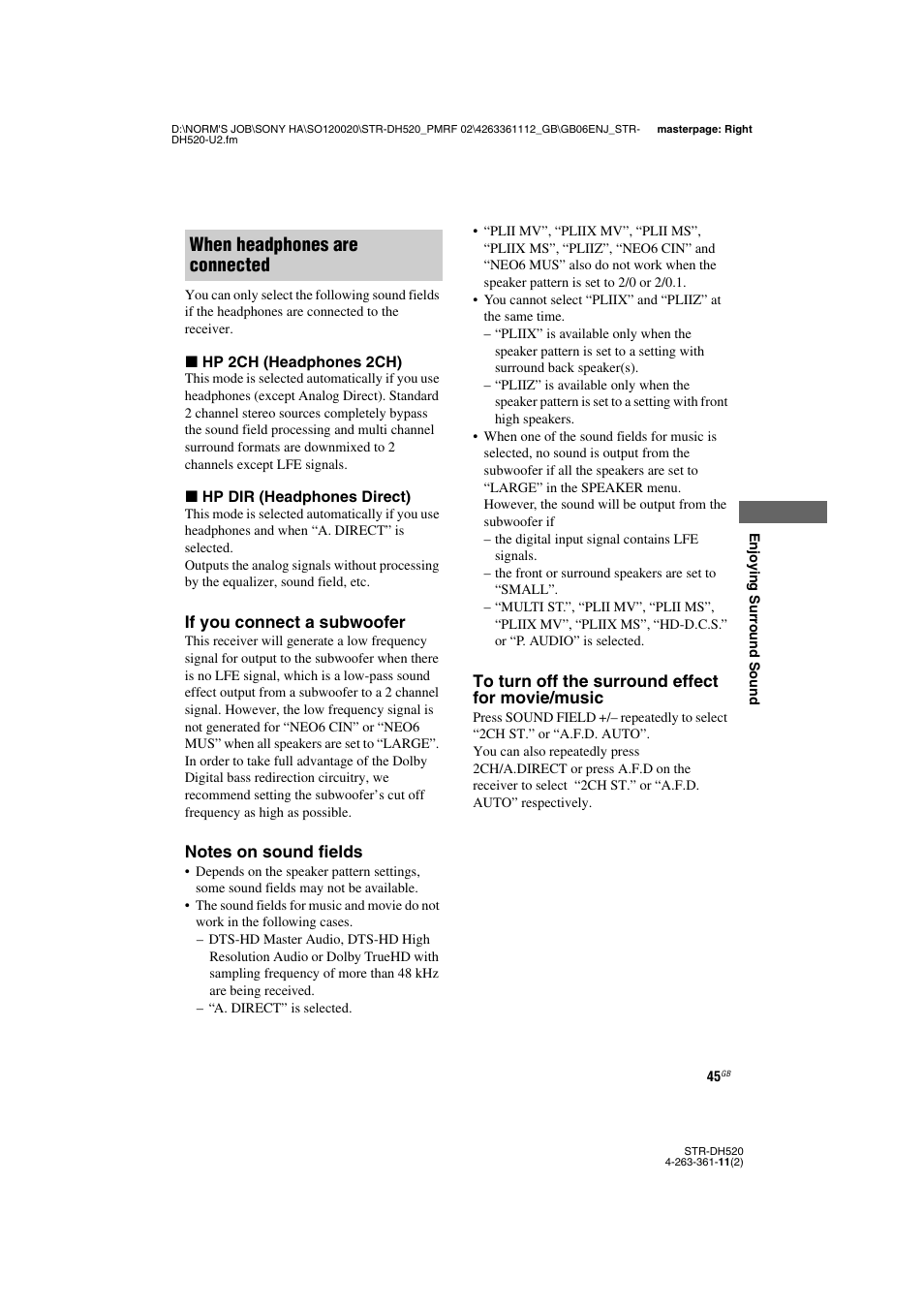 When headphones are connected | Sony STR-DH520 User Manual | Page 45 / 72