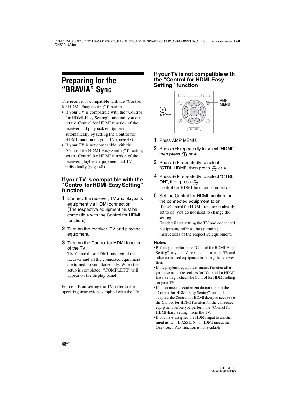 Preparing for the “bravia” sync | Sony STR-DH520 User Manual | Page 48 / 72