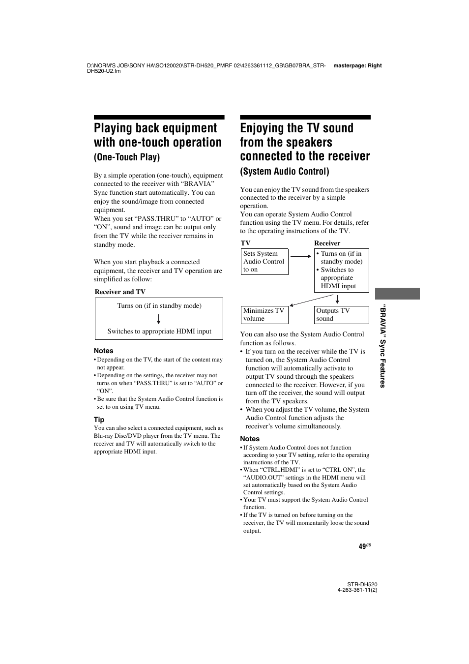 Playing back equipment with one-touch, Operation (one-touch play), Enjoying the tv sound from the speakers | Connected to the receiver, System audio control), Playing back equipment with one-touch operation, One-touch play) | Sony STR-DH520 User Manual | Page 49 / 72