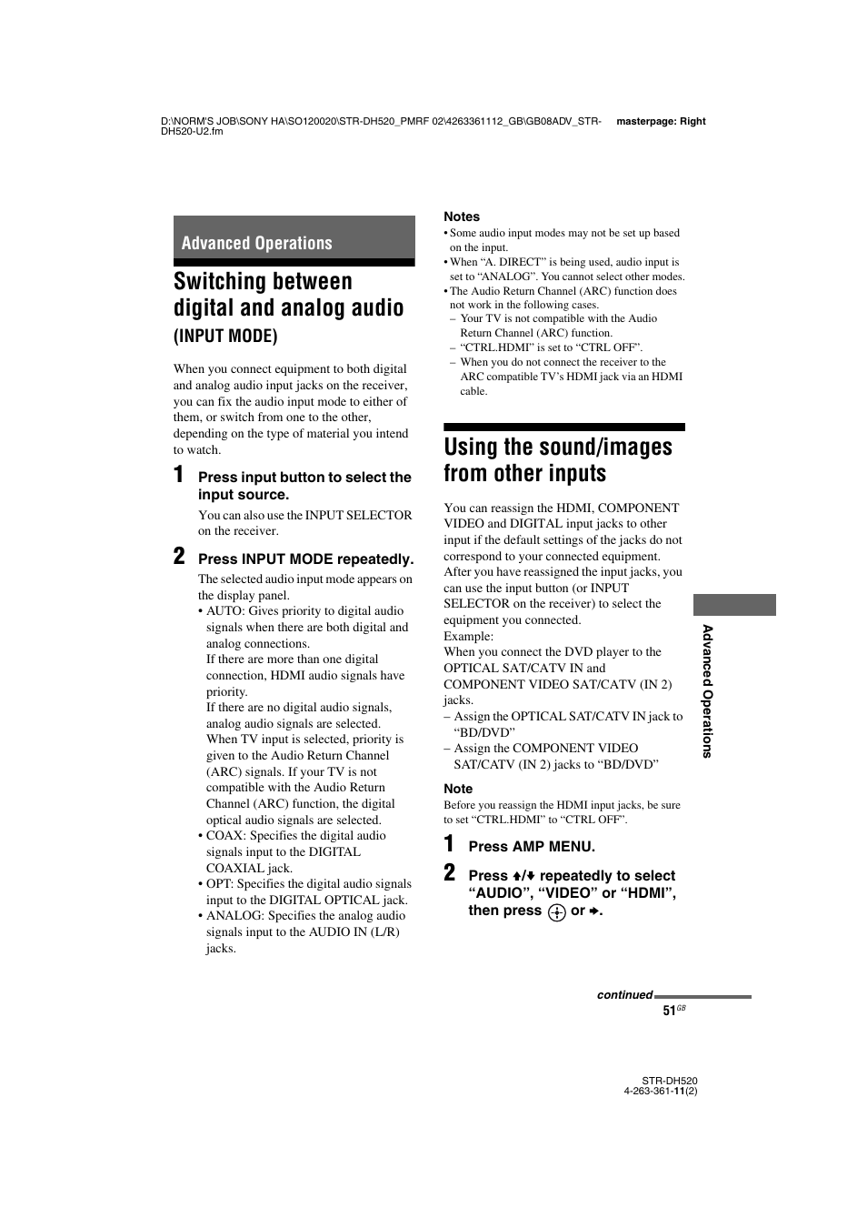 Advanced operations, Using the sound/images from other inputs, Switching between digital and analog audio | Input mode), Using the sound/images from other, Inputs | Sony STR-DH520 User Manual | Page 51 / 72