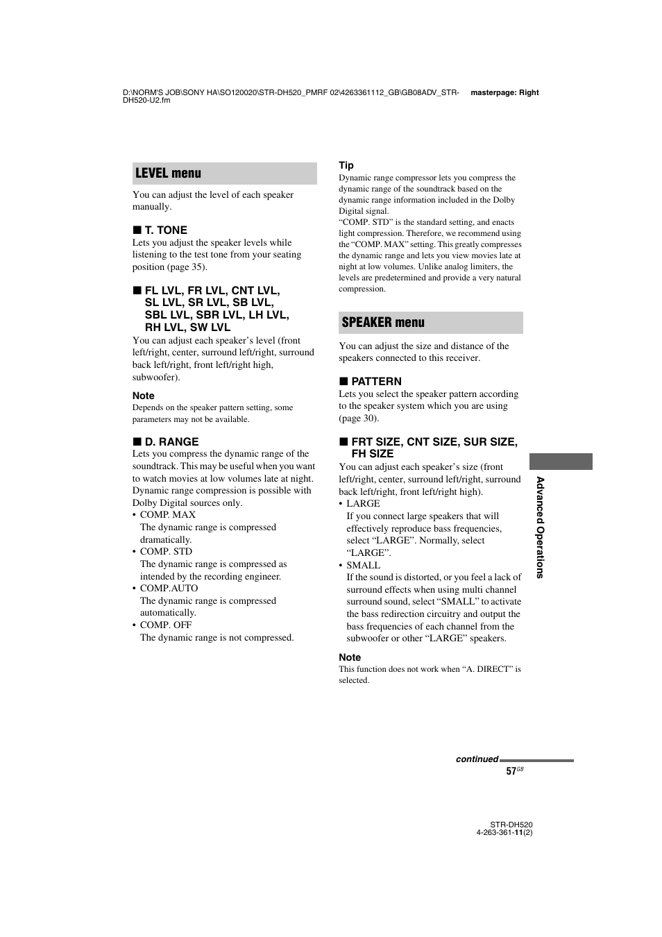 Level menu speaker menu | Sony STR-DH520 User Manual | Page 57 / 72