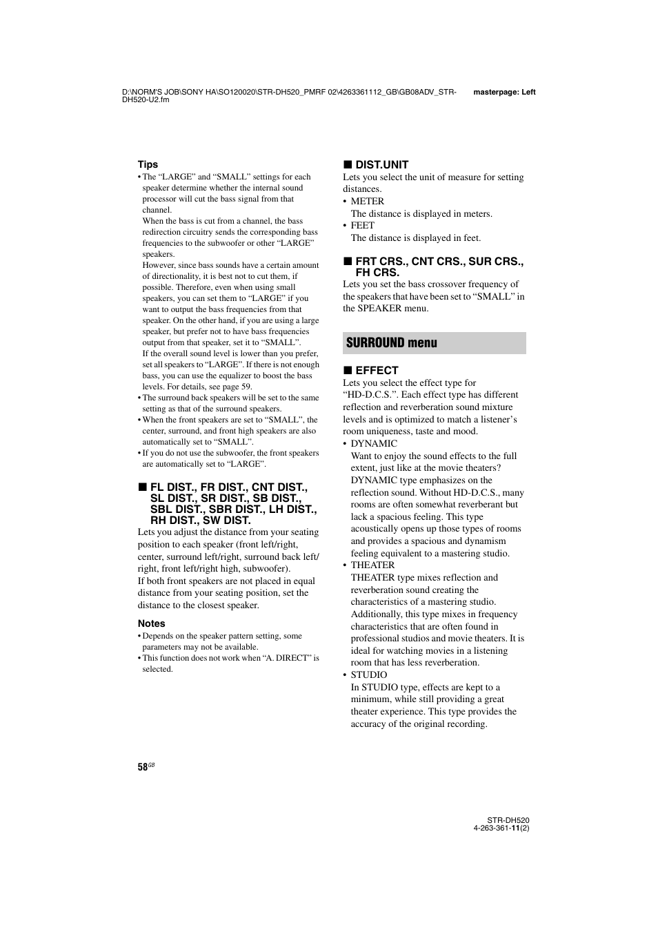 Surround menu | Sony STR-DH520 User Manual | Page 58 / 72