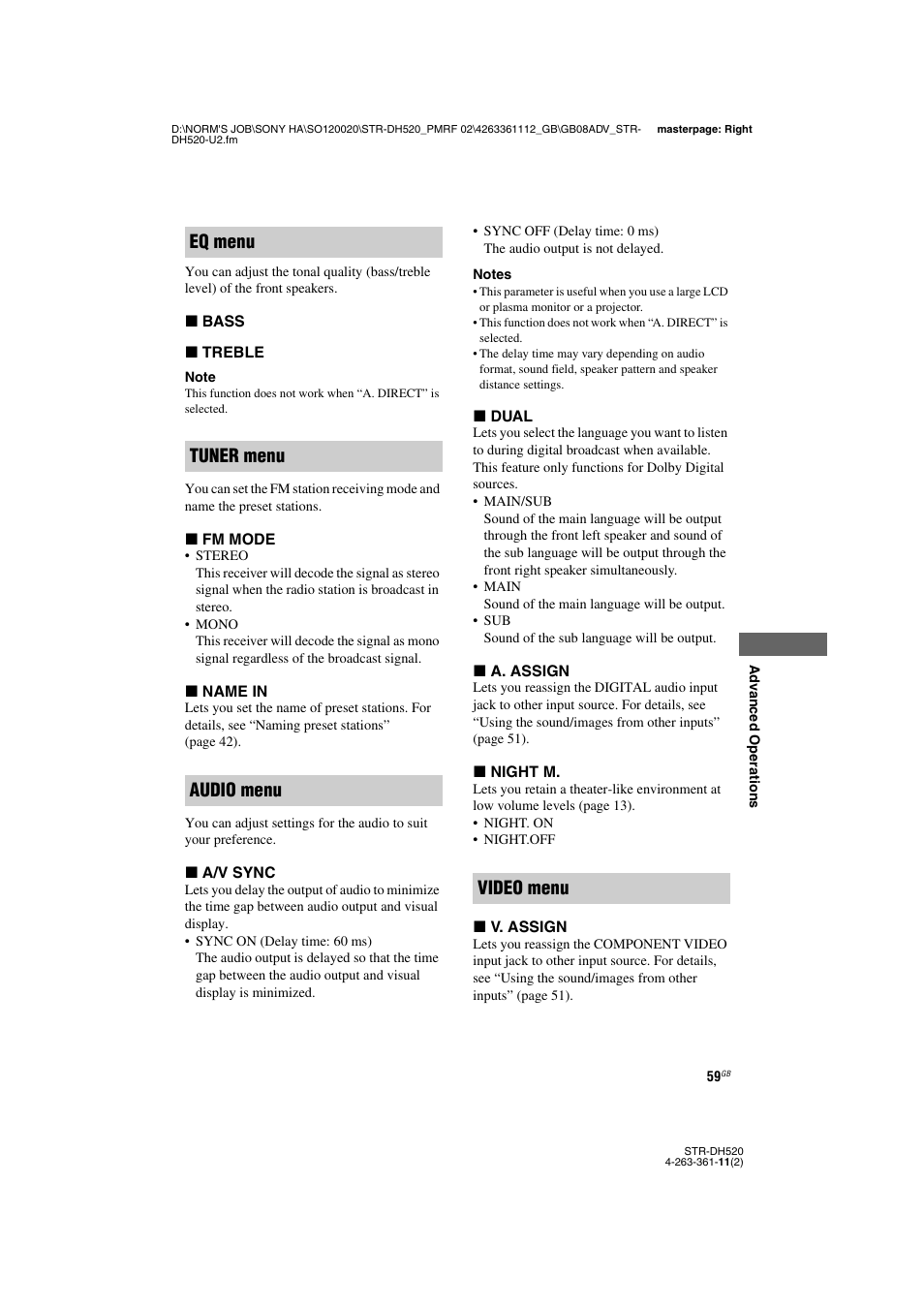 Eq menu tuner menu audio menu video menu | Sony STR-DH520 User Manual | Page 59 / 72