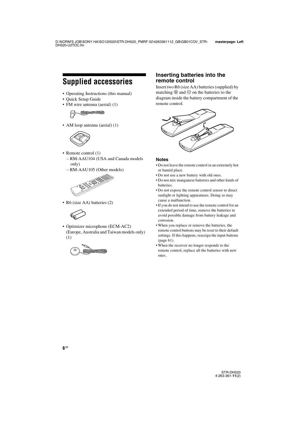 Supplied accessories, Inserting batteries into the remote control | Sony STR-DH520 User Manual | Page 6 / 72