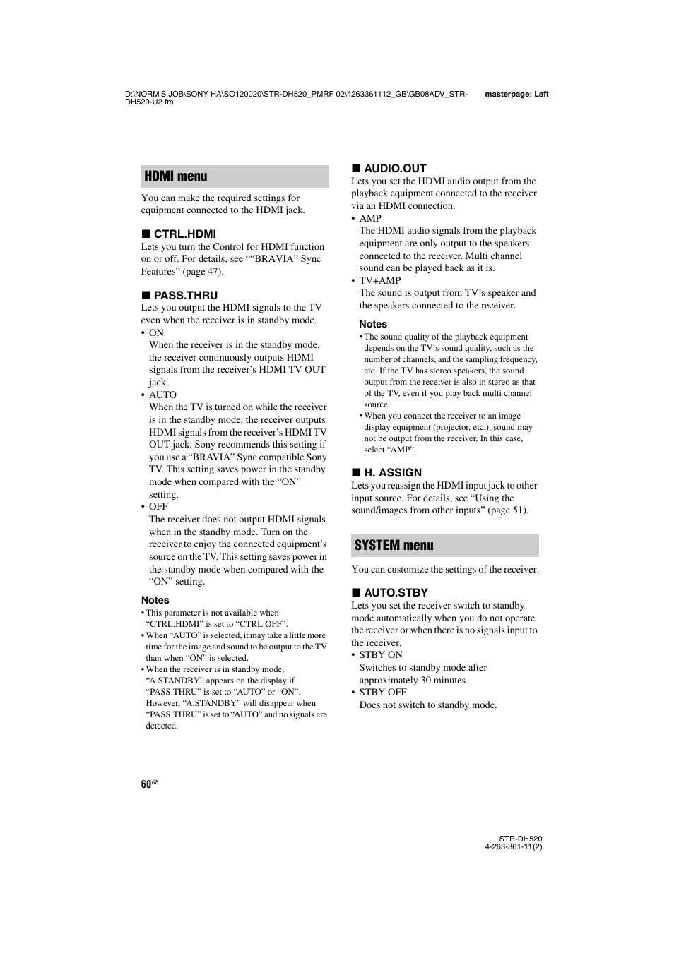 Hdmi menu system menu | Sony STR-DH520 User Manual | Page 60 / 72