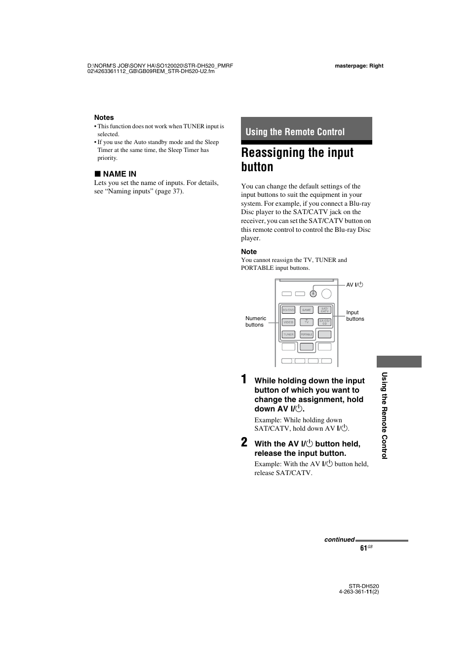 Using the remote control, Reassigning the input button | Sony STR-DH520 User Manual | Page 61 / 72