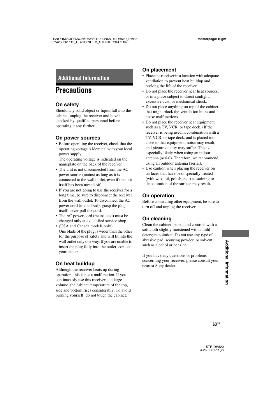 Additional information, Precautions | Sony STR-DH520 User Manual | Page 63 / 72