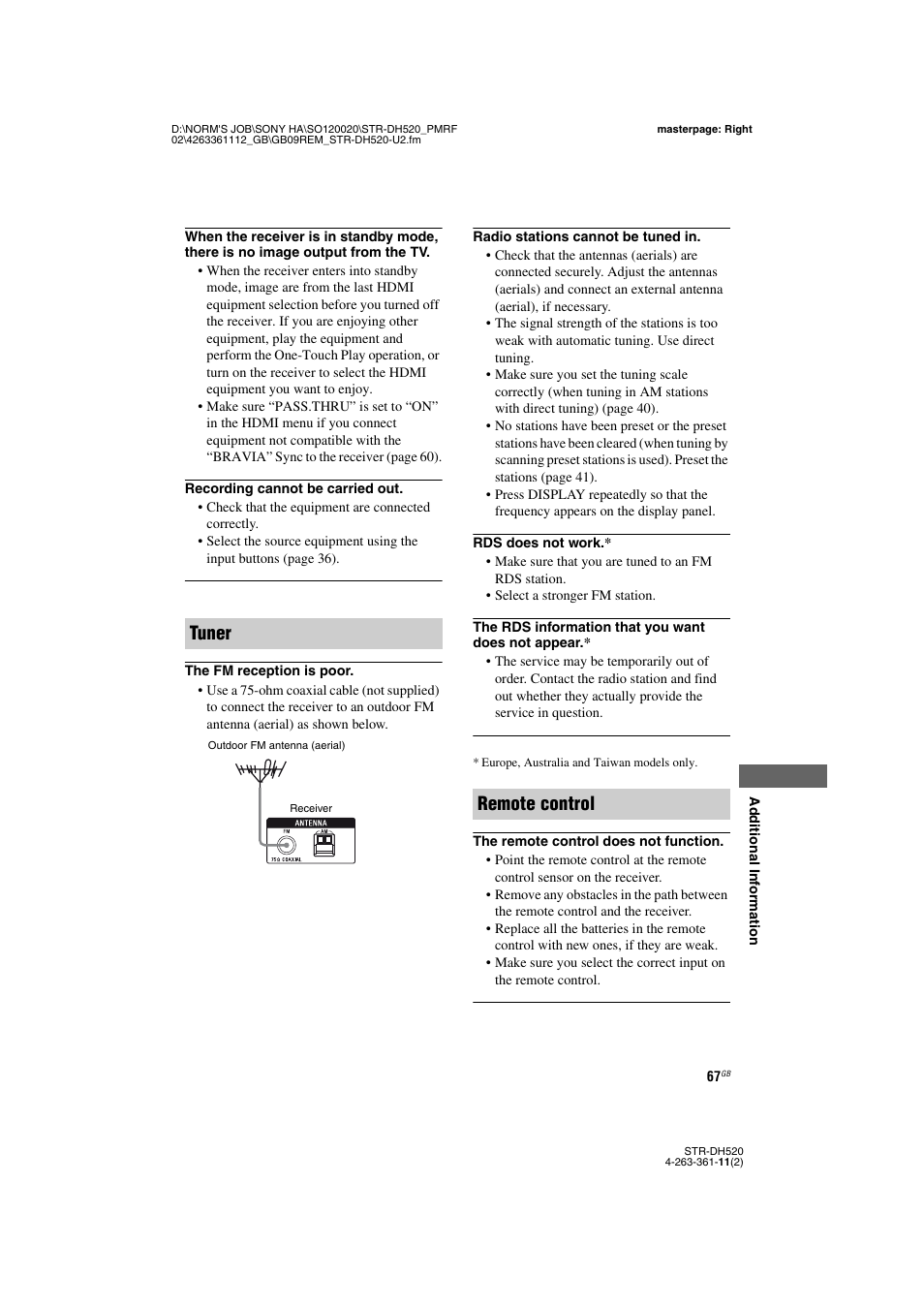Tuner, Remote control | Sony STR-DH520 User Manual | Page 67 / 72