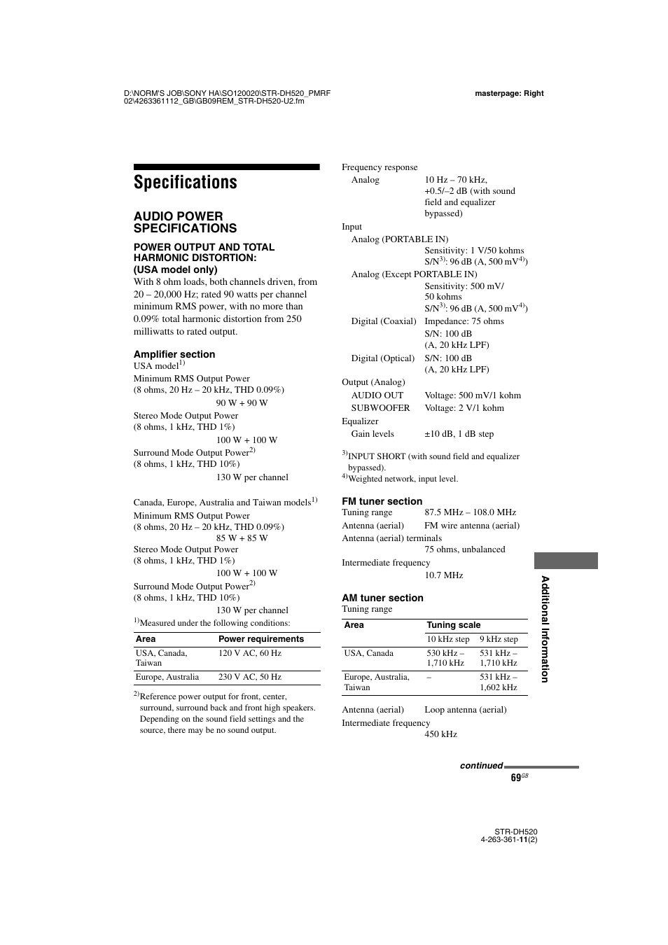 Specifications, Audio power specifications | Sony STR-DH520 User Manual | Page 69 / 72