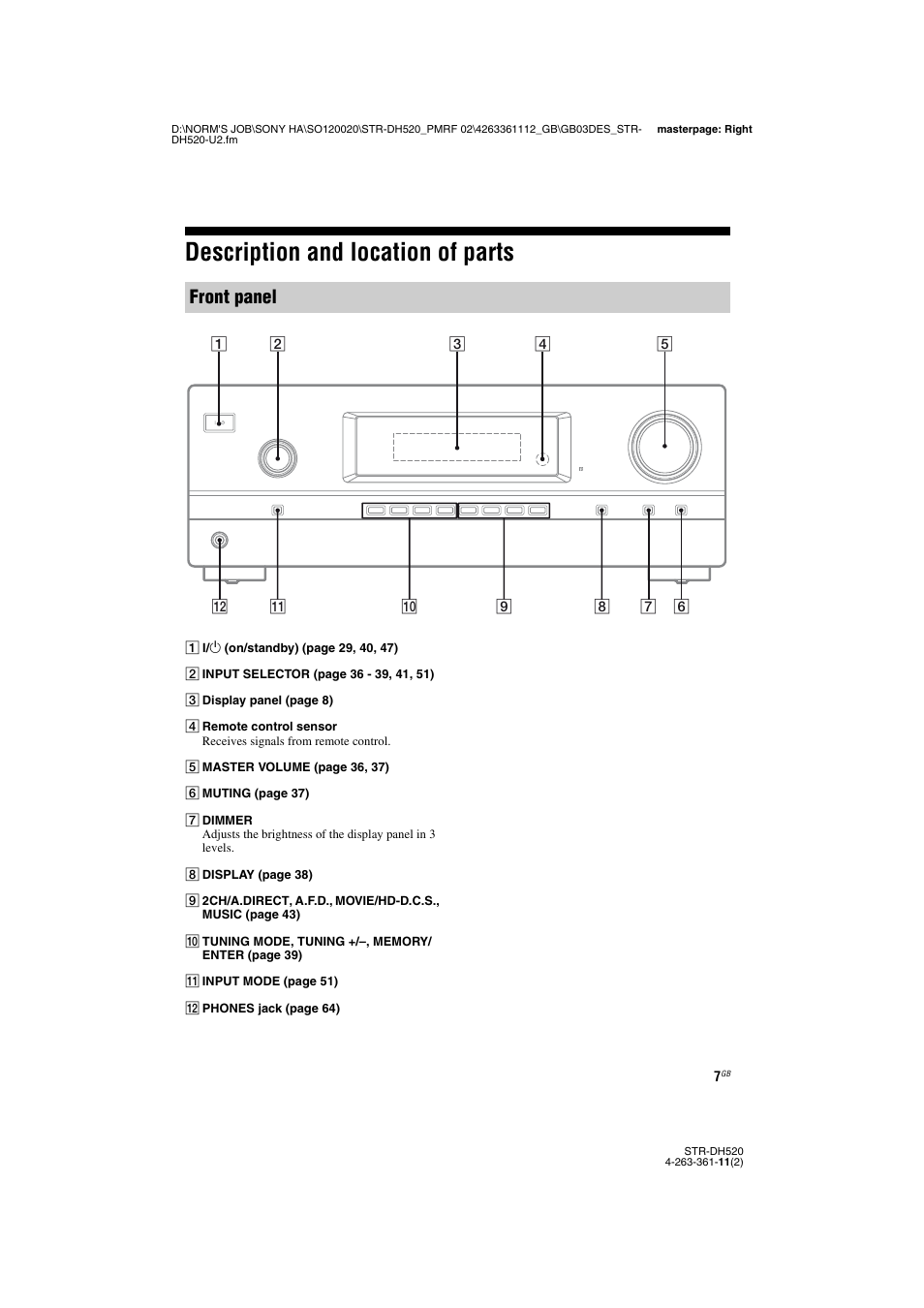 Description and location of parts, Front panel | Sony STR-DH520 User Manual | Page 7 / 72