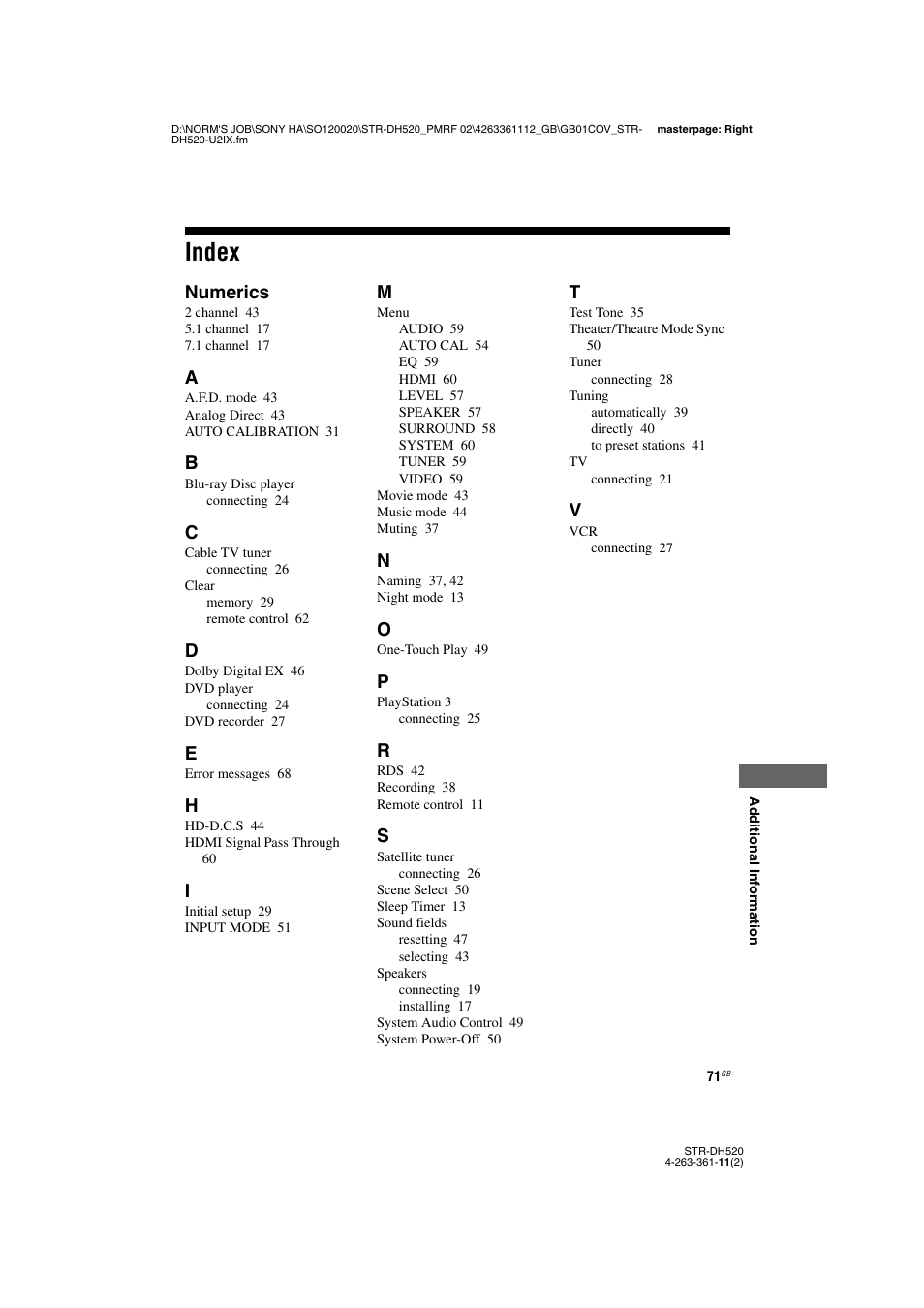 Index, Numerics | Sony STR-DH520 User Manual | Page 71 / 72